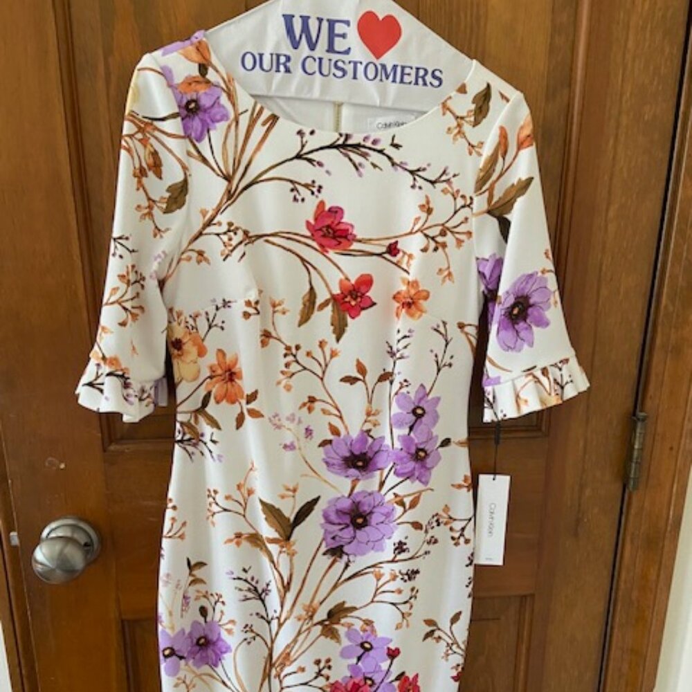 NWT Calvin Klein Floral Print 3/4 Sleeve Sheath Dress
